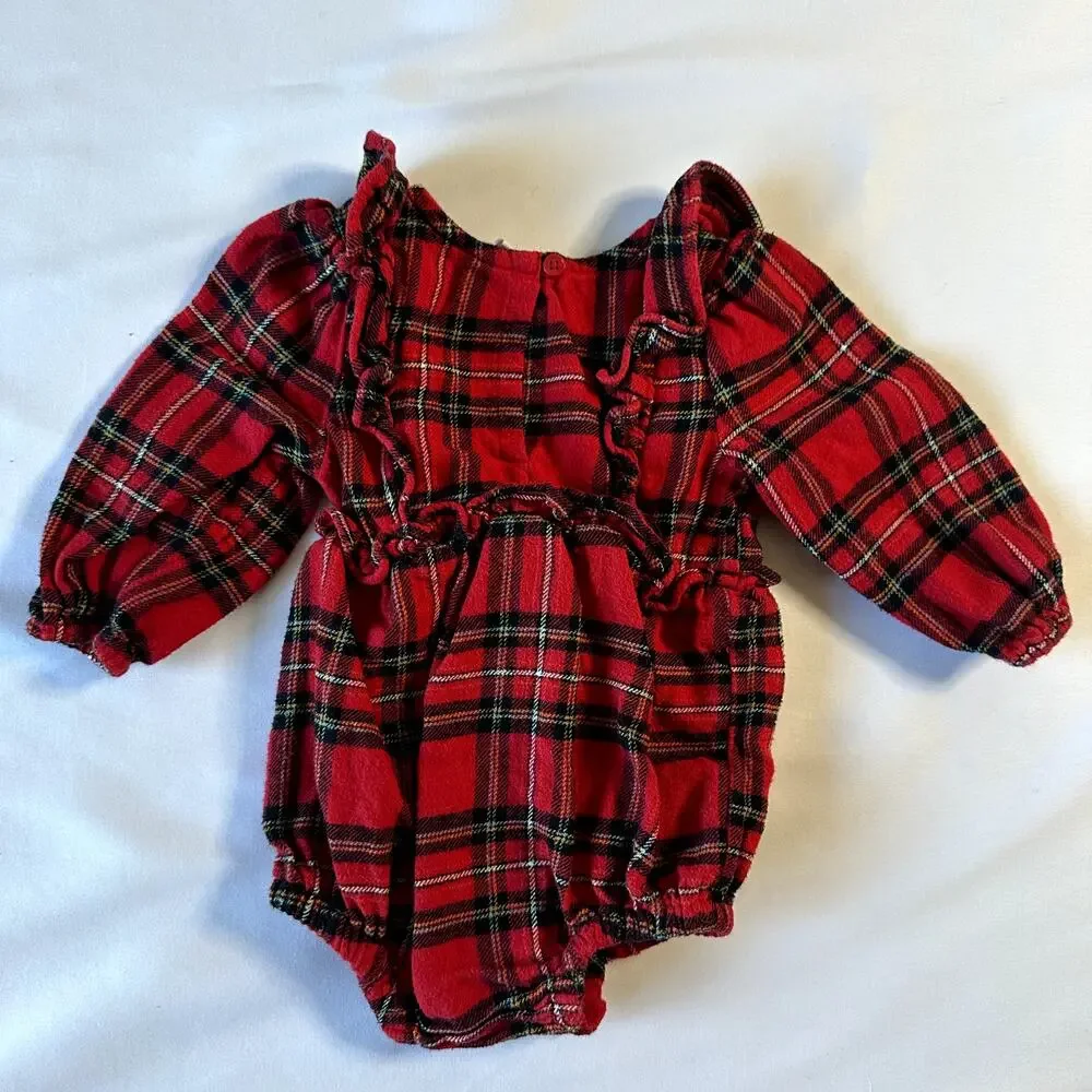 Old Navy Long-Sleeve Ruffle-Trim Plaid One-Piece Romper Sz 6-12 mo